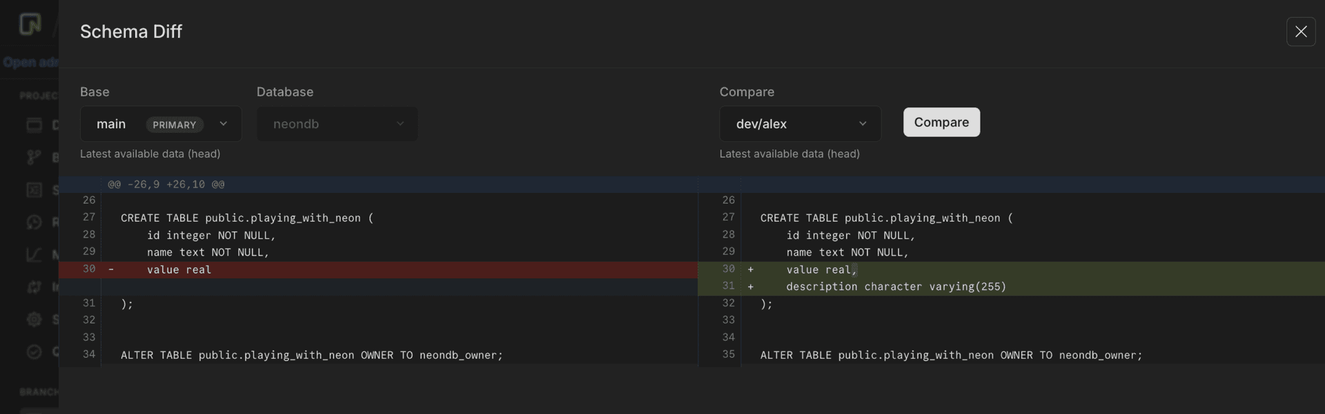 Schema diff from branches page